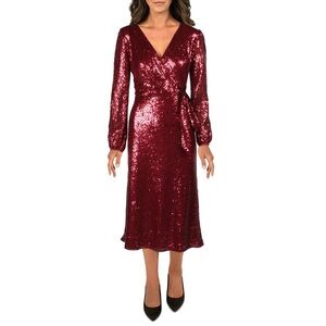 Ralph Lauren brand red sequin long sleeve dress. V neck and tie in front.